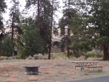 Parking pad, picnic table and fire ring at Big Pines Campsite #35