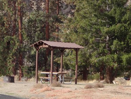 Parking pad, covered picnic table and fire ring at Big Pines Campsite #37