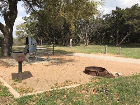 Picnic table, grill, and fire ring located at site