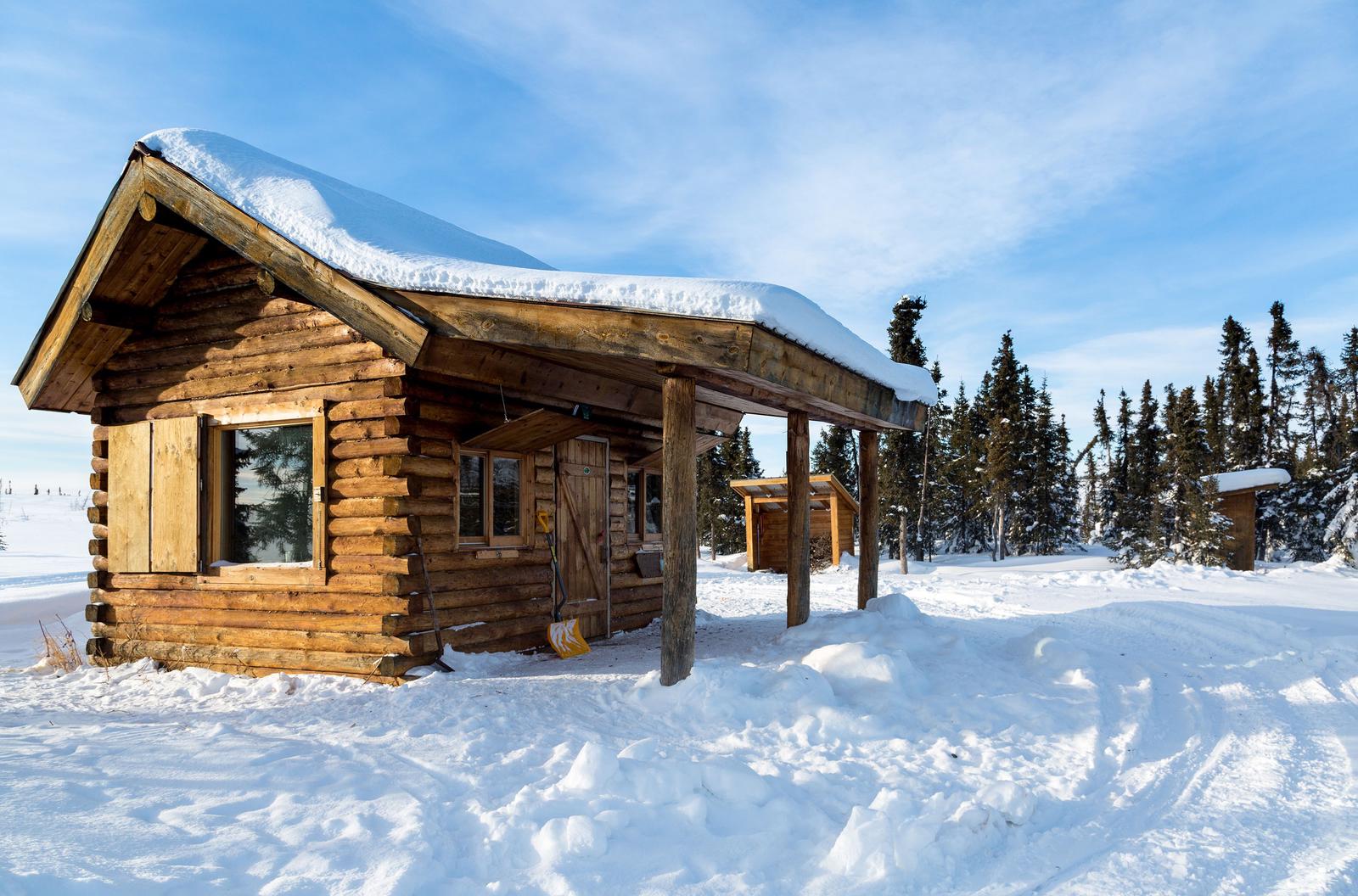 Log cabin surrounded by snow in a spruce forestFront view of Colorado Creek Cabin