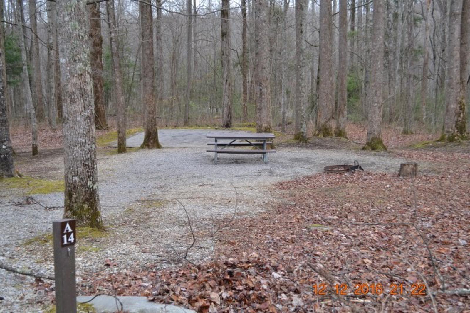 A side photo of Site A14 of Loop A-Loop at COSBY CAMPGROUND with Picnic TableFront of A14 in winter from the street