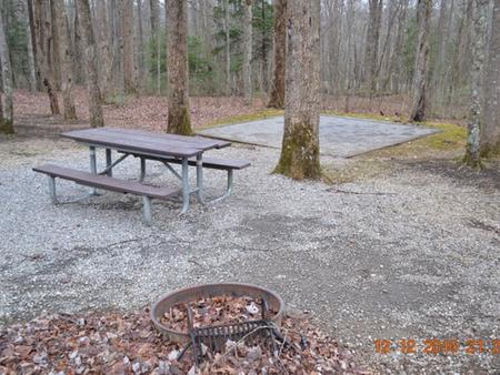 A side photo of Site A14 of Loop A-Loop at COSBY CAMPGROUND with Picnic Table, Fire Pit, Tent PadClose up in winter