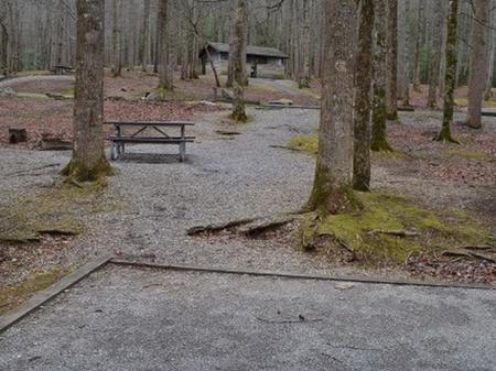 A close photo of Site A14 of Loop A-Loop at COSBY CAMPGROUND with Picnic Table, Fire Pit, Tent PadView from tent pad in winter