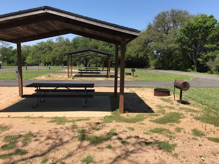 Covered picnic table, grill, and fire ring with other sites nearby