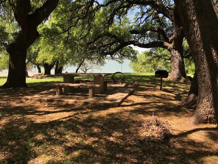 Tent site with picnic table, grill, and fire ring with Waco Lake in the background