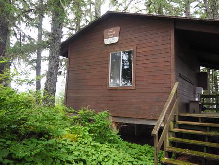 Brown cabin with greenery surrounding itGut Island Cabin 1