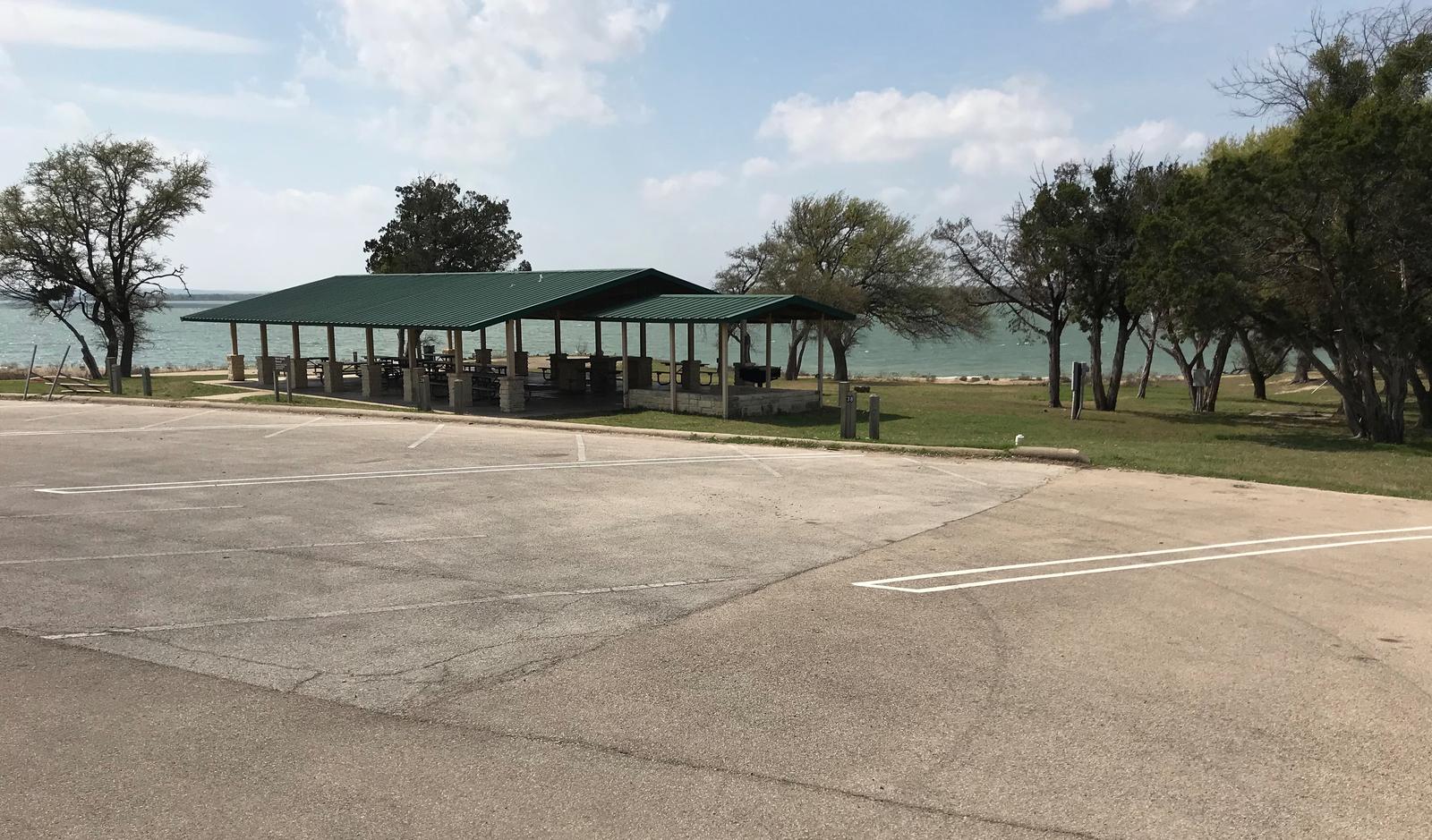 RV  hookup area and Group Shelter with Waco Lake in background