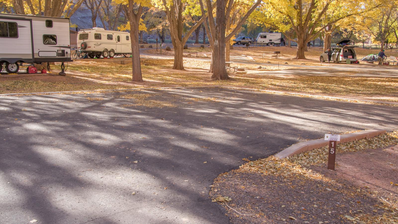 A paved driveway. Facing the end of the driveway, 1 tree is to the left and 1 tree is behind the driveway,Site 15, Loop A in fall.
Paved dimensions: 33' x 33'