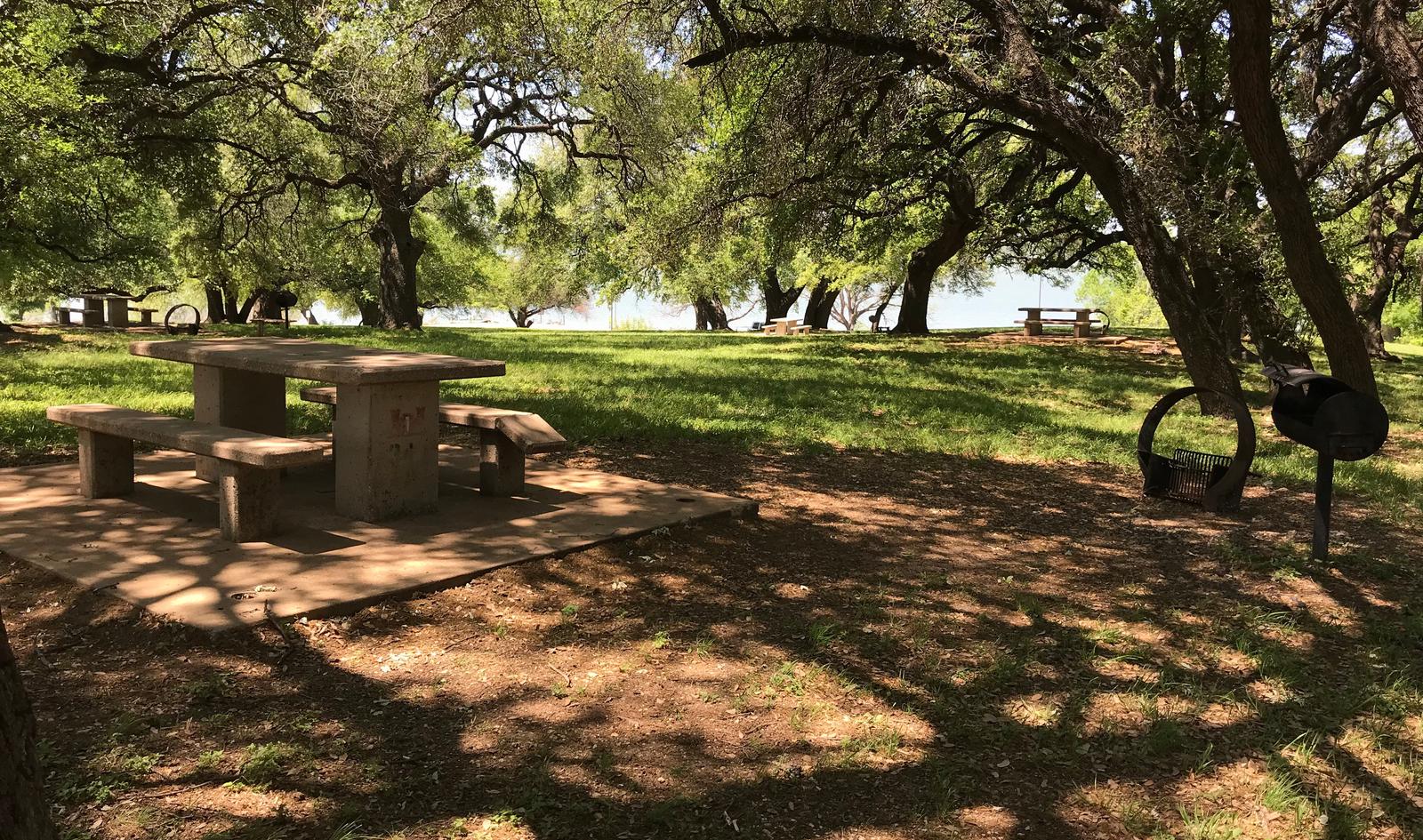 Tent site with picnic table, grill, and fire ring with Waco Lake in the background