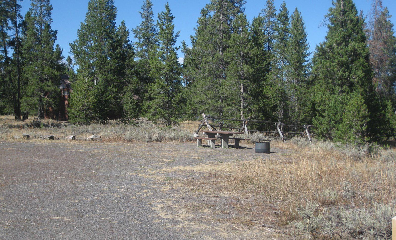 Site 27, campsite surrounded by pine trees, picnic table & fire ringSite 27