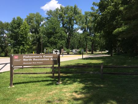 Entrance sign for Fisherman's Corner North Recreation Area campground