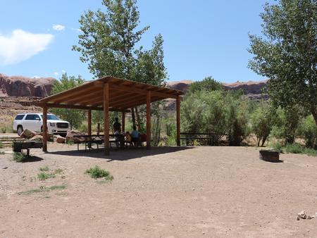Goose Island Group Site A showing shade shelter, tent camping area, and fire ring. Goose Island Group Site A
