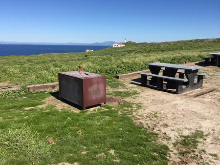 Picnic table and metal food storage box on terrace overlooking ocean, two buildings and lighthouse. ANACAPA ISLAND AREA - 001
