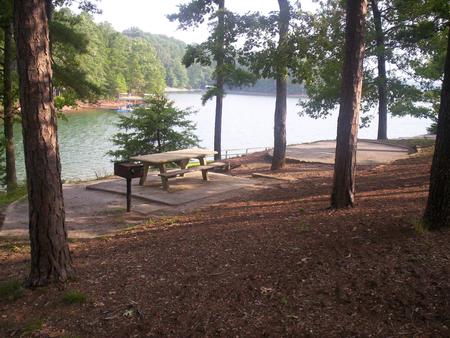Water view, picnic table, flat tent site. Sawnee Site 8