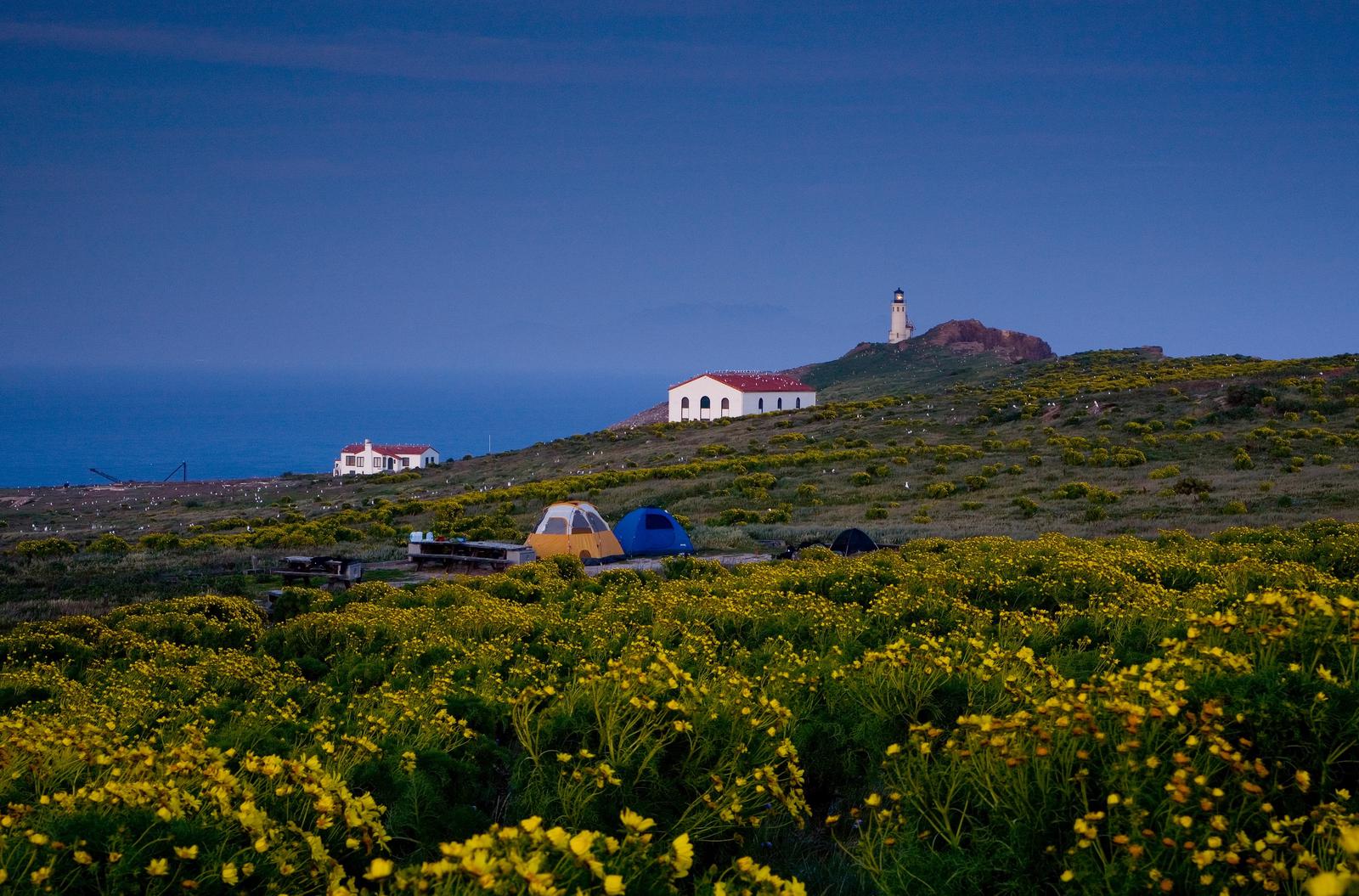 Two tents on terrace overlooking ocean, two buildings, and lighthouse.Anacapa Island