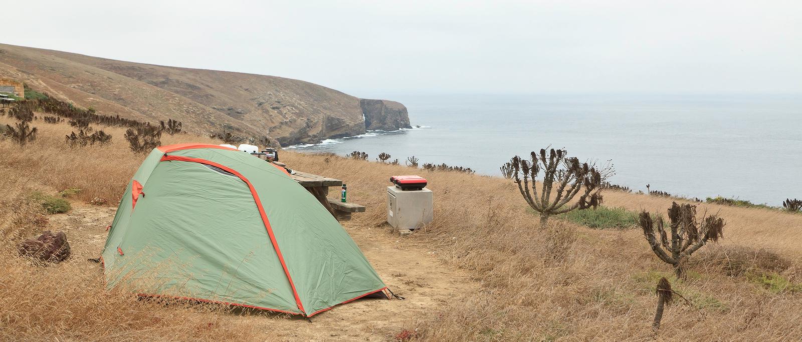 Tent sitting in dried grass on a ocean bluff overlooking the coastlineSANTA BARBARA ISLAND 