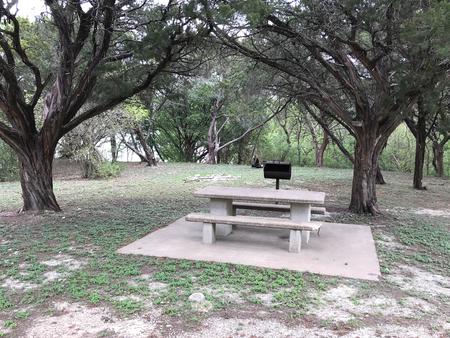 Tent site with picnic table, grill, and Waco Lake in the background