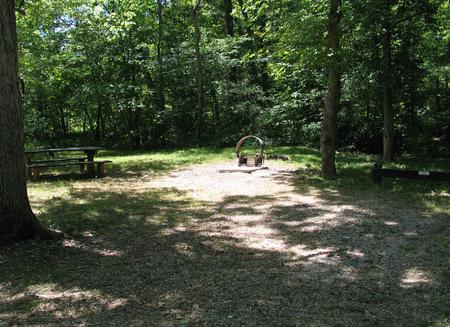 Campsite 1 showing parking spur, picnic table and fire ringCampsite 1