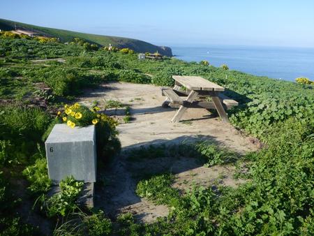 Picnic table and food storage box surrounded by low bushes and grass overlooking ocean.  SANTA BARBARA ISLAND AREA - 006
