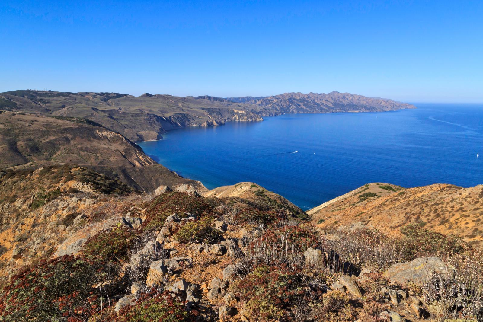 View from a high ridge overlooking the rest of a long, narrow, rugged island with steep cliffs  Chinese Harbor, Santa Cruz Island