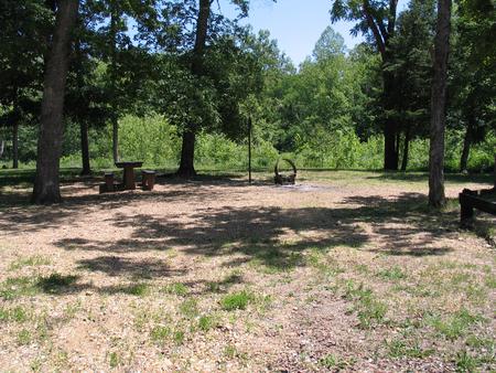 Campsite 9 showing picnic table, lantern post and fire ring.Campsite 9 next to Huzzah Creek