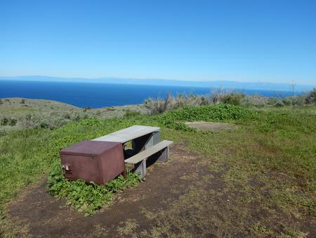 Picnic table and food storage box surrounded by low bushes and grass overlooking ocean.   BACKCOUNTRY AREA - 001
