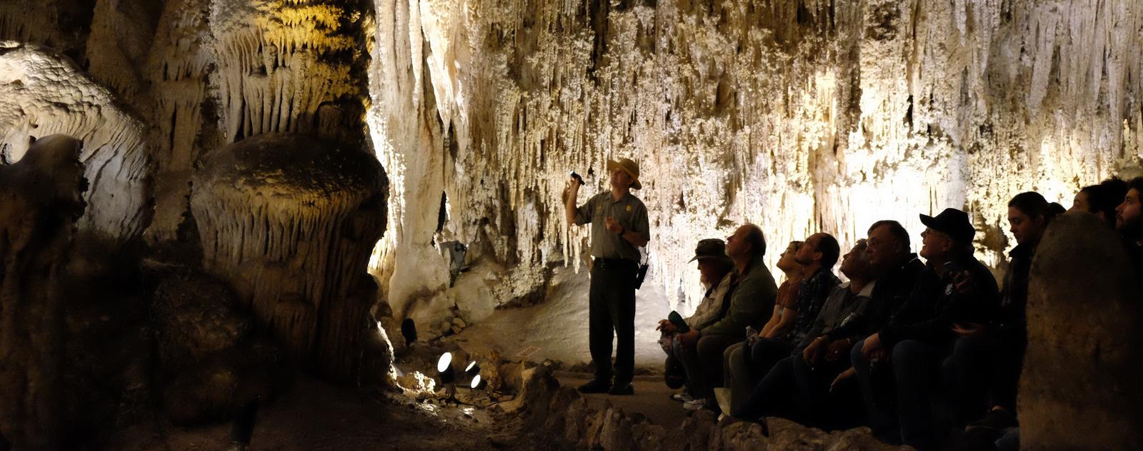 Visitors and Park Ranger in foreground with cave formations in the backgroundPhoto of ranger program in the Queen's Chamber.