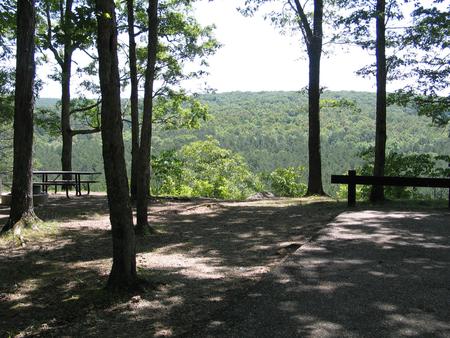  Campsite 45 showing parking spur, picnic table fire ring and scenic vista.Campsite 45