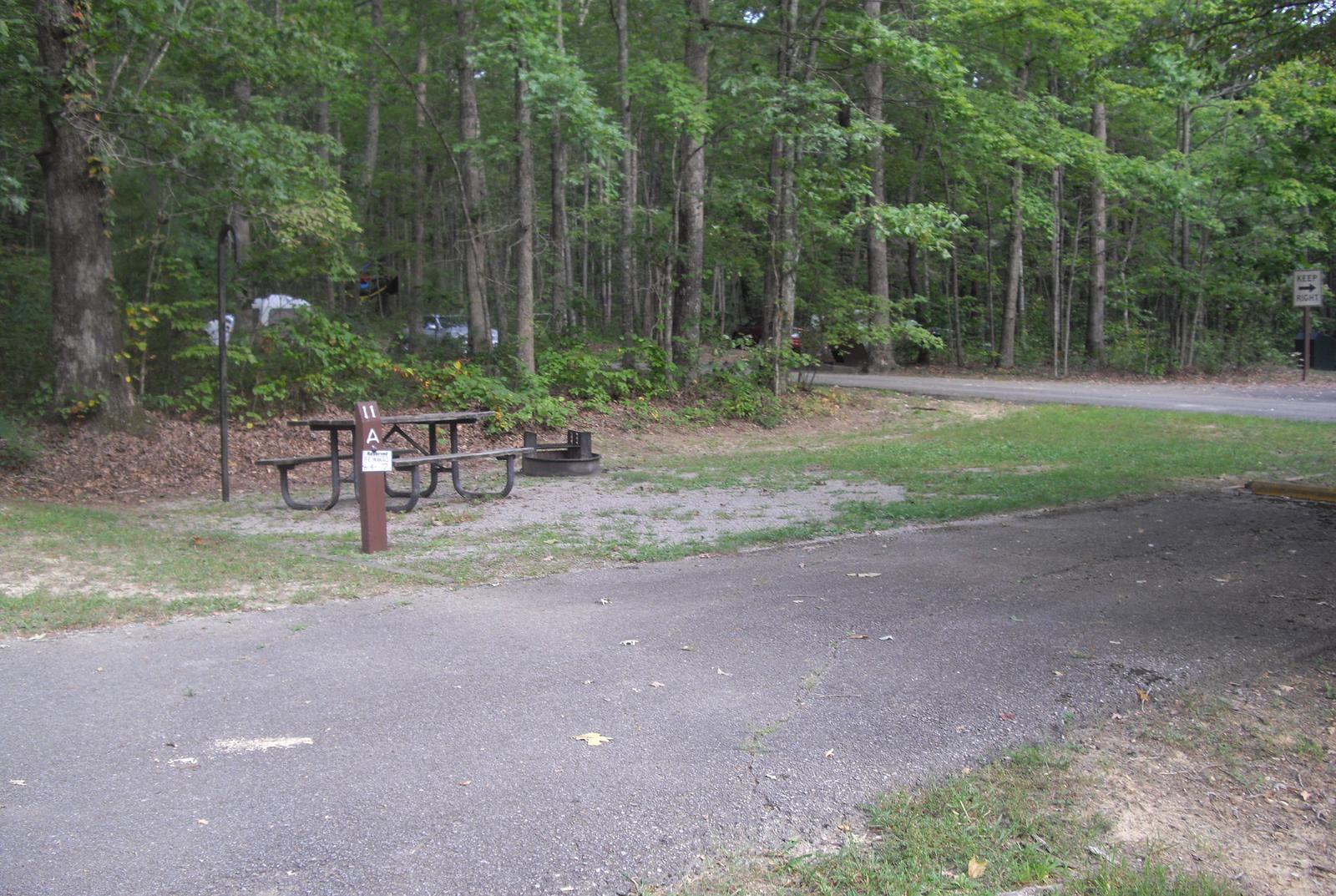 Picnic table and fire ring sitting on gravel pad next to paved parking spot.Site number 11 in Loop A at Bandy Creek Campground.
