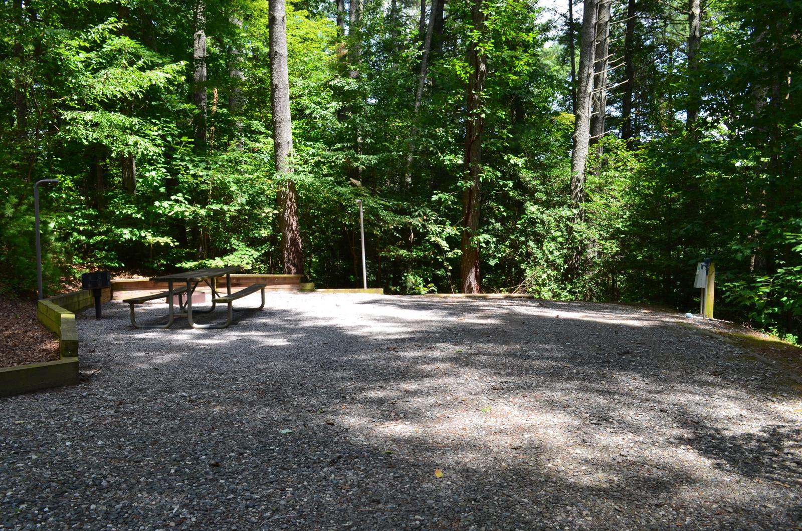 Gravel site with fire pit, table, grill with dense tree coverage Gravel site with fire pit, table, grill 