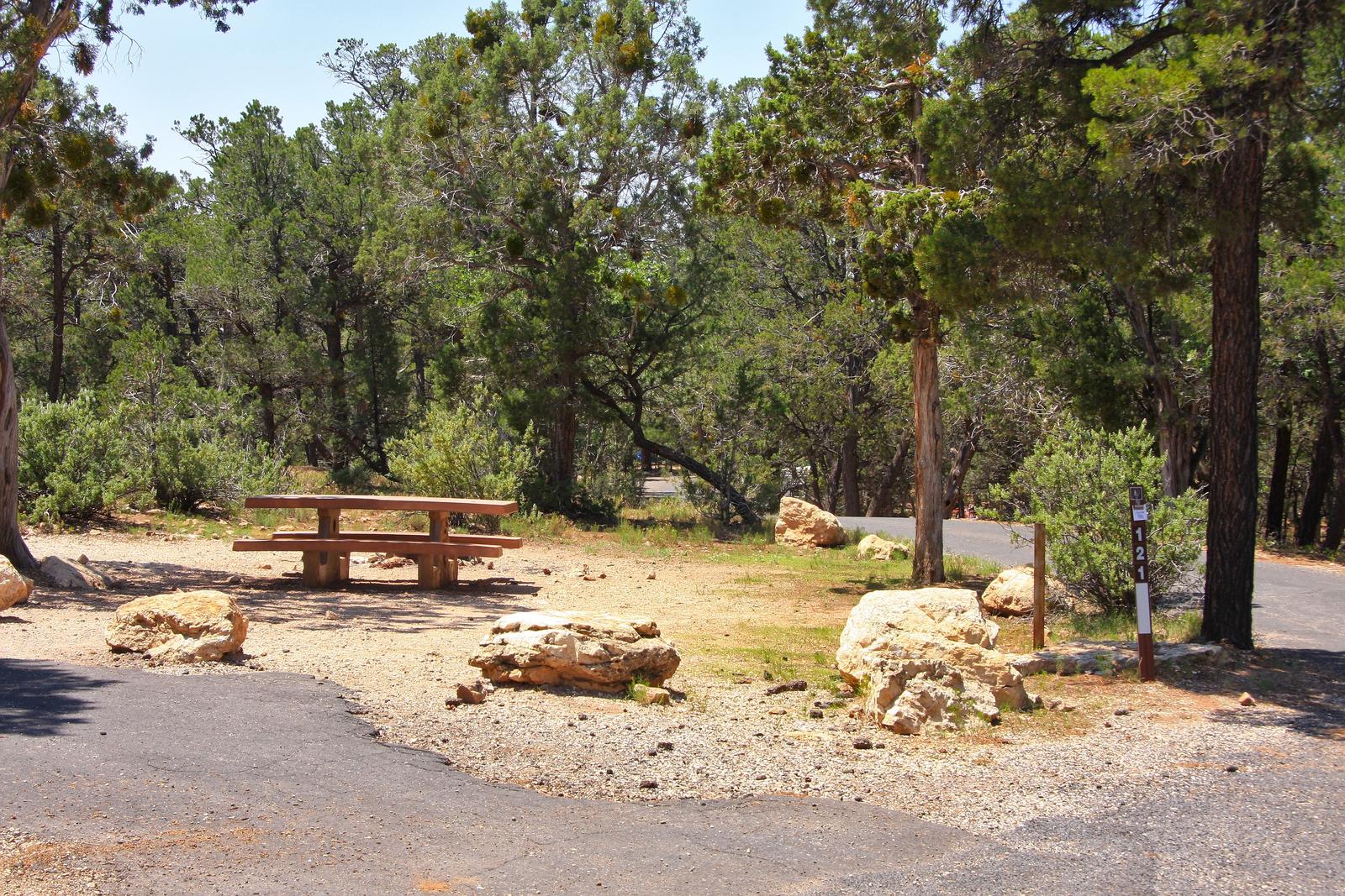 Picnic table, fire pit, and parking spot, Mather CampgroundPicnic table, fire pit, and parking spot for Juniper Loop 121, Mather Campground