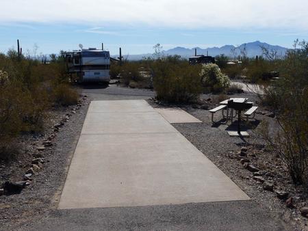 Pull-thru campsite with picnic table and grill, cactus and desert vegetation surround site.  Site 026