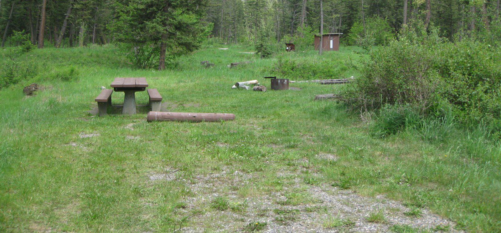 Site 15, campsite surrounded by pine trees, picnic table & fire ringSite 15