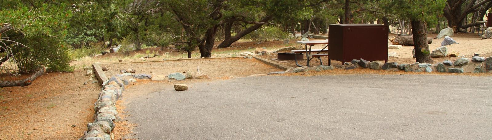 Wide view of Site #11 parking and designated tent pad, with bear box, fire ring and picnic table.Site #11, Pinon Flats Campground