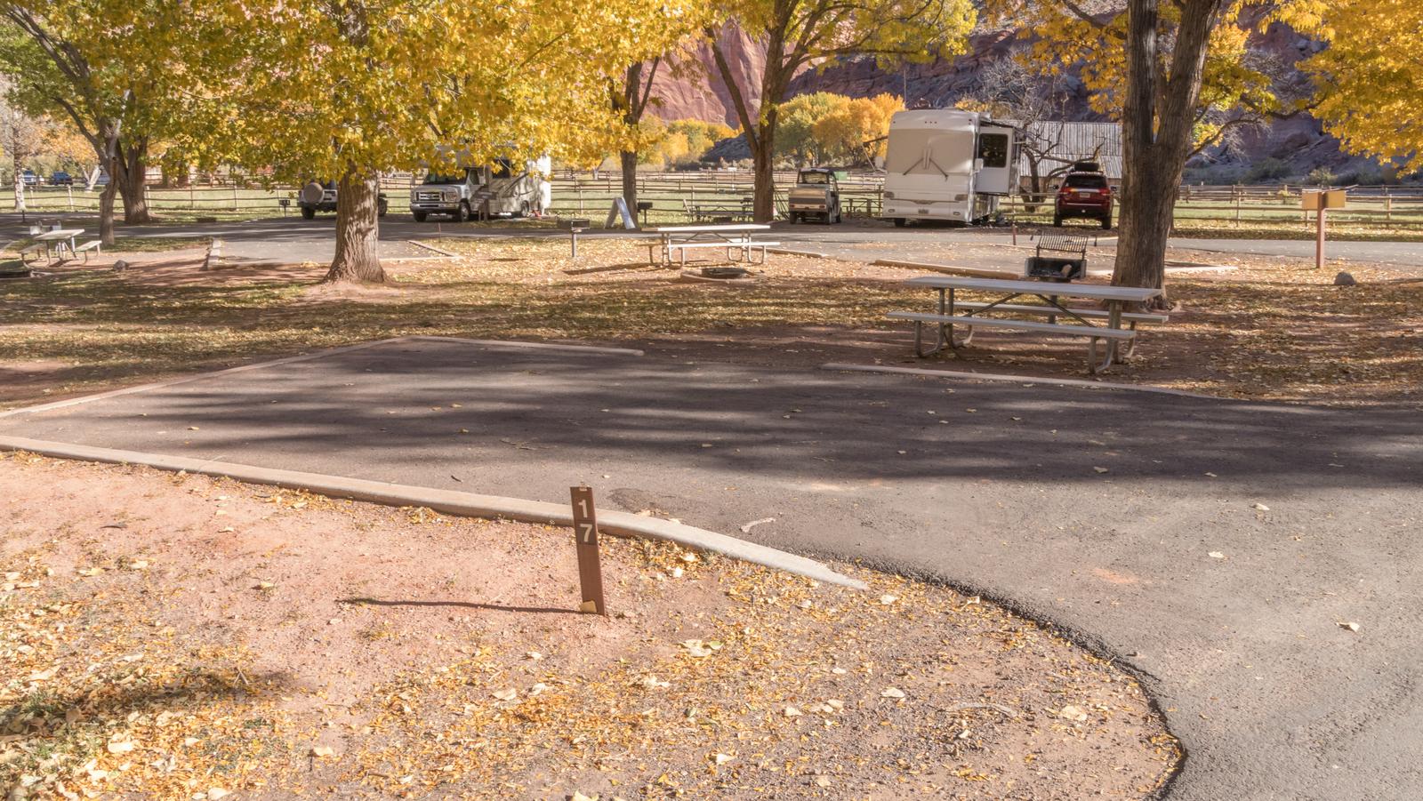 A paved driveway. Facing the end of the driveway, a picnic table is off to the right. There are trees and a barn in the background.Site 17, Loop A in fall.
Paved dimensions: 14' x 29'