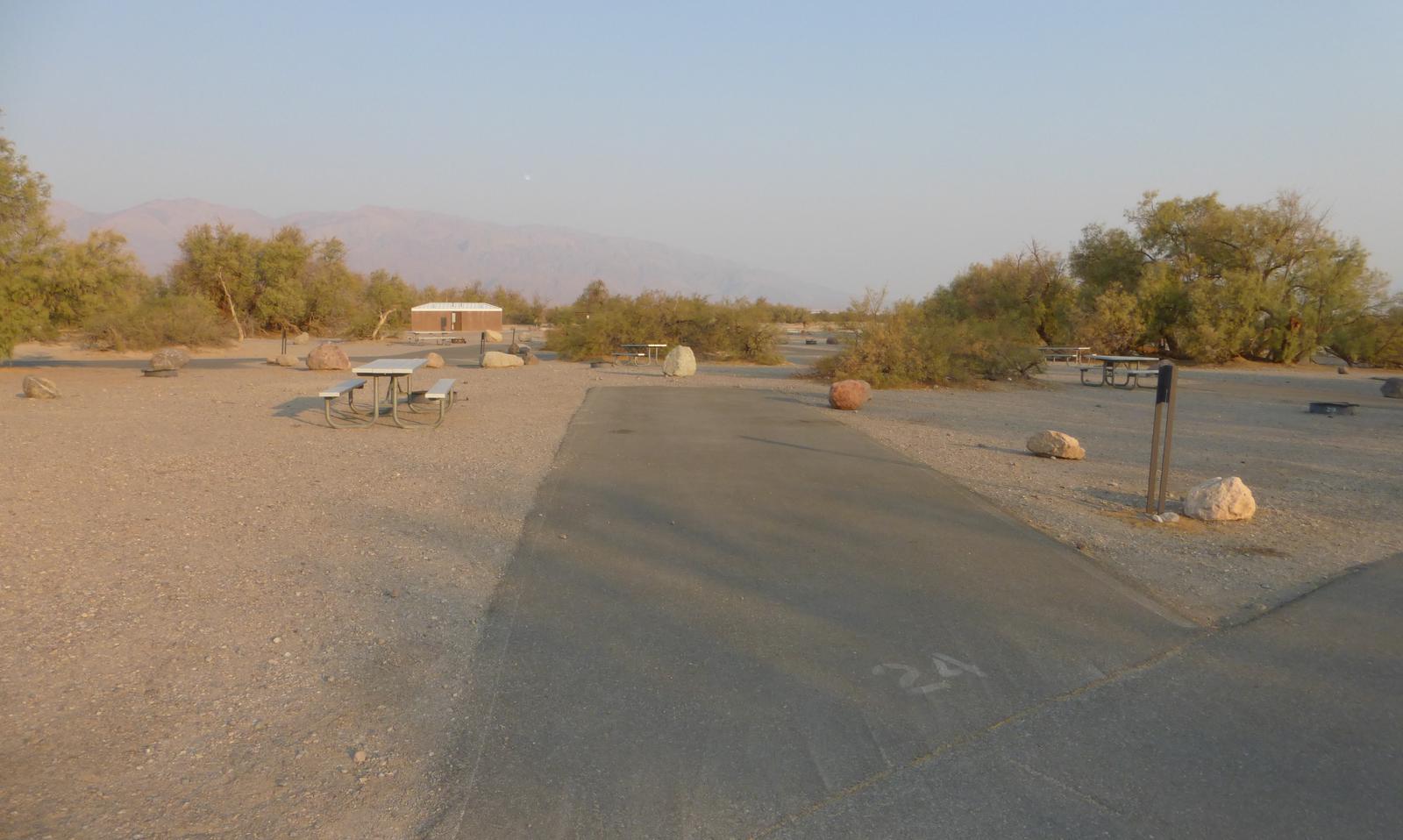 Furnace Creek Campground standard nonelectric site #24 with picnic table and fire ring.