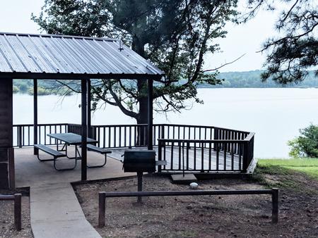 Screened shelter in Clear Springs Campground overlooking Wright Patman Lake.