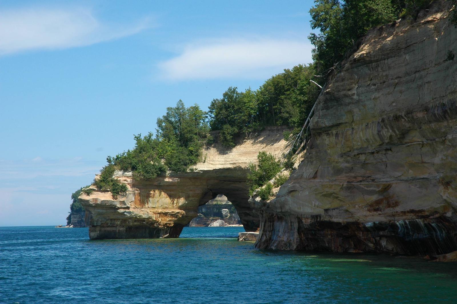 A view looking to the east through Lover's Leap A picture of Lover's Leap a rock formation along the shores of Pictured Rocks National Lakeshore