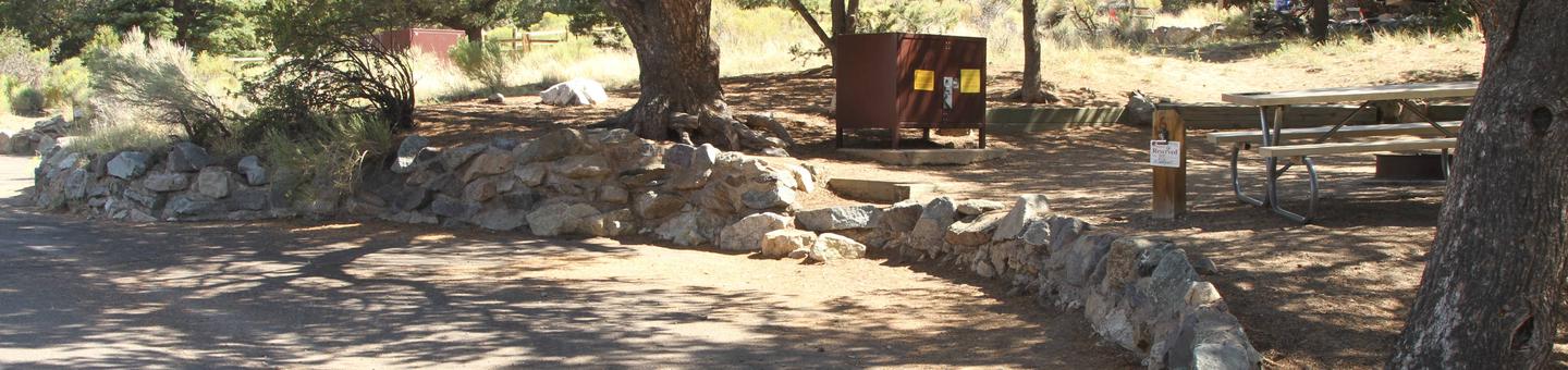Long view of Site #6 parallel parking site, stairs, tent pad, bear box, and picnic tableSite 6, Pinon Flats Campground