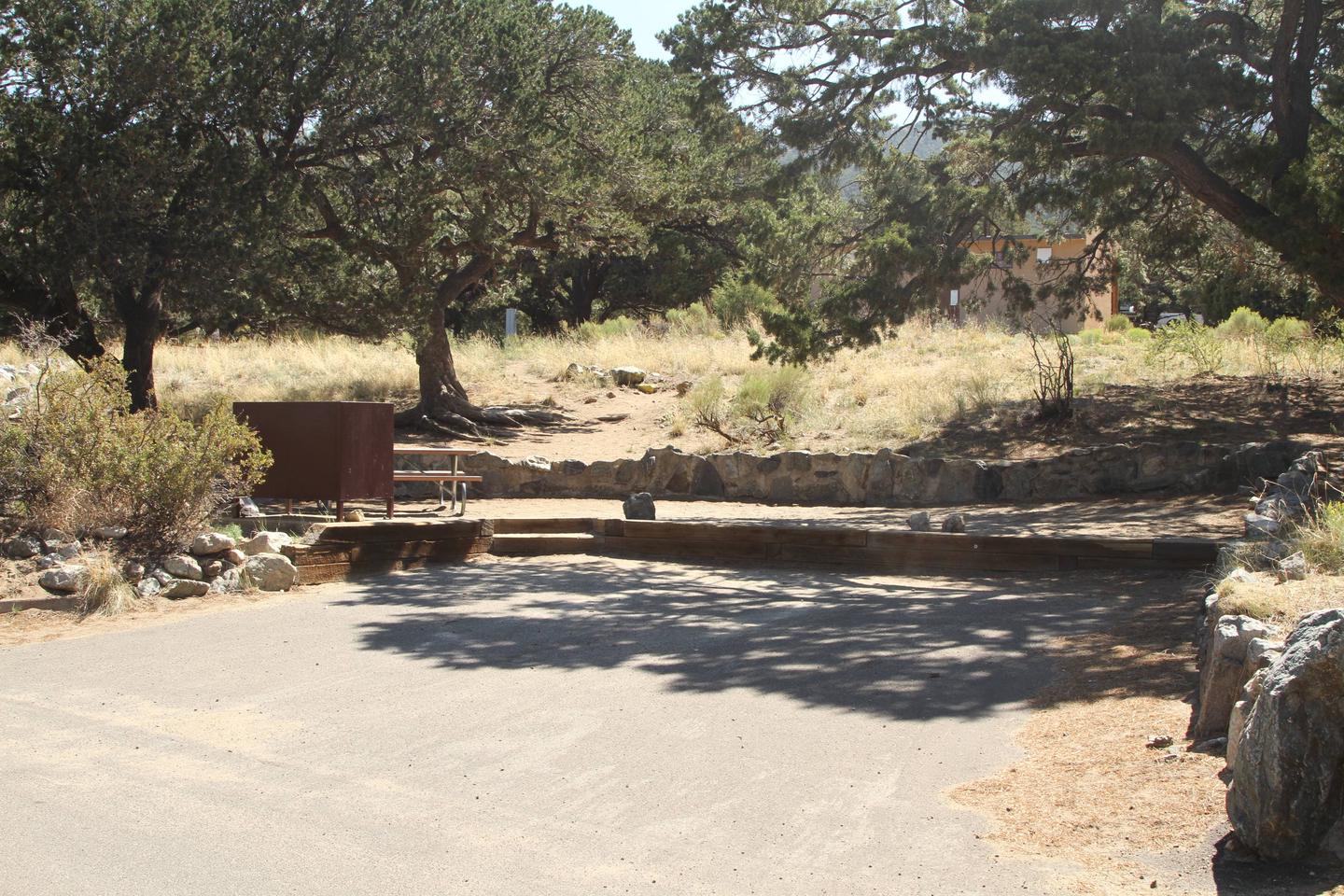 View of Site #25 parking pad, stairs, tent site, bear box and picnic table.Site #25, Pinon Flats Campground