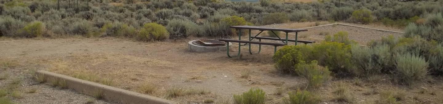 Picnic table with a firepit and grill plate off to the side and a tent pad behind the table.Antelope Campground: Site 5