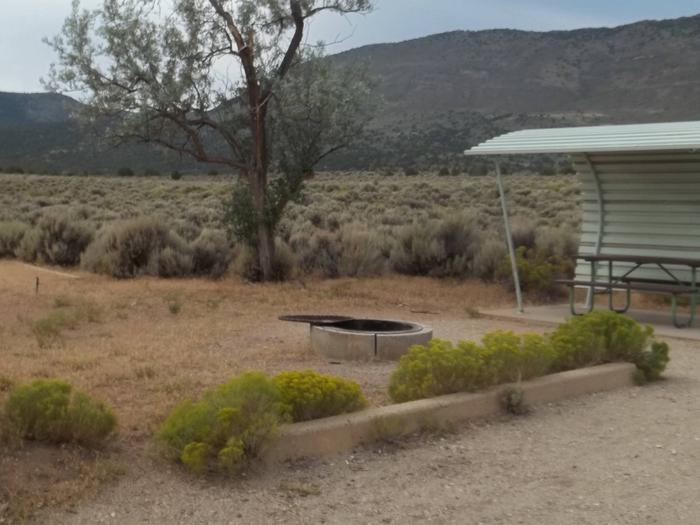 A fire pit with a grill grate that located in front of a partially sheltered picnic table.Antelope Flat Campground: Site 14