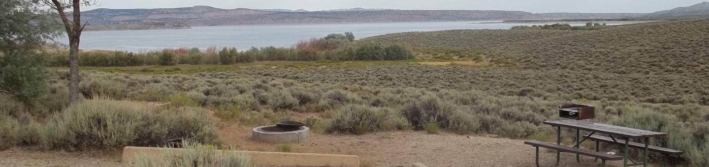 Picnic table, grill, and fire pit in a campsite surrounded by sagebrush with a lake is in the background.Antelope Flat Campground: Site 25