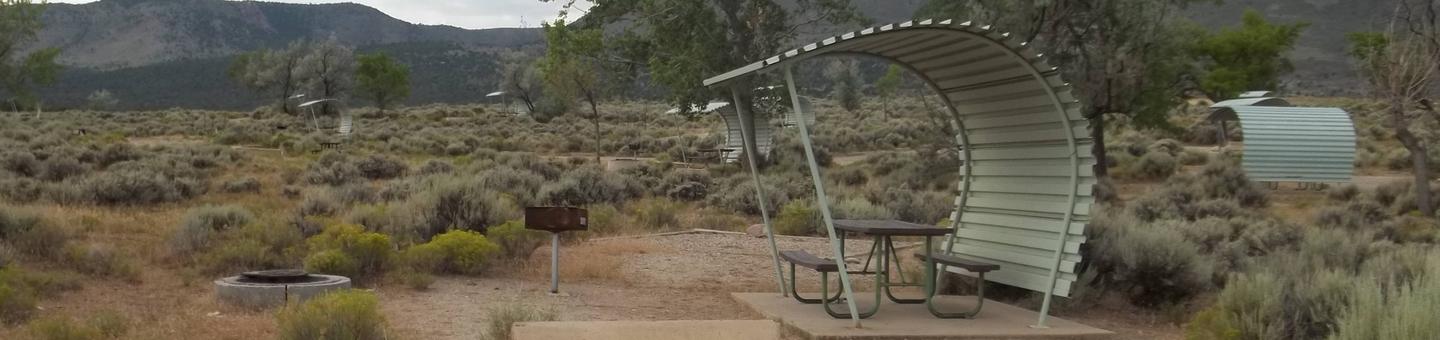 Partial covered picnic table near a grill and fire pit. There are a few campsites in the background.Antelope Flat Campground: Site 30