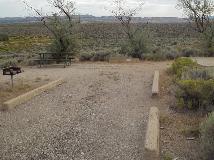 Picnic table, grill and tent pad in a camp site with a few short trees and sagebrush around the site. There is a grill next to the parking strip.Antelope Flat Campground: Site 31