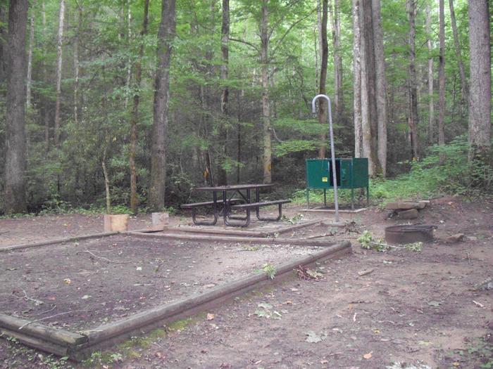 Picnic table sits near green food storage locker and tall lantern hook pole. Site 10 Rock Creek Campground