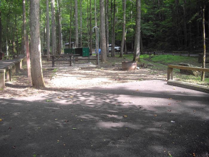 Paved parking spot and tent pad with raised fire ring and long picnic table.Site 5 Rock Creek Campground