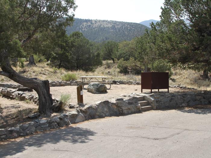 View of Site #5 from parallel parking area, with stairs, picnic table, and bear boxSite #5, Pinon Flats Campground