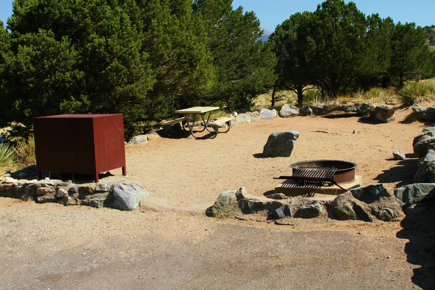 Close up view of Site #62 tent pad, with bear box, picnic table, and fire ring. Tent pad is bordered by a low rock wall.Site #62, Pinon Flats Campground