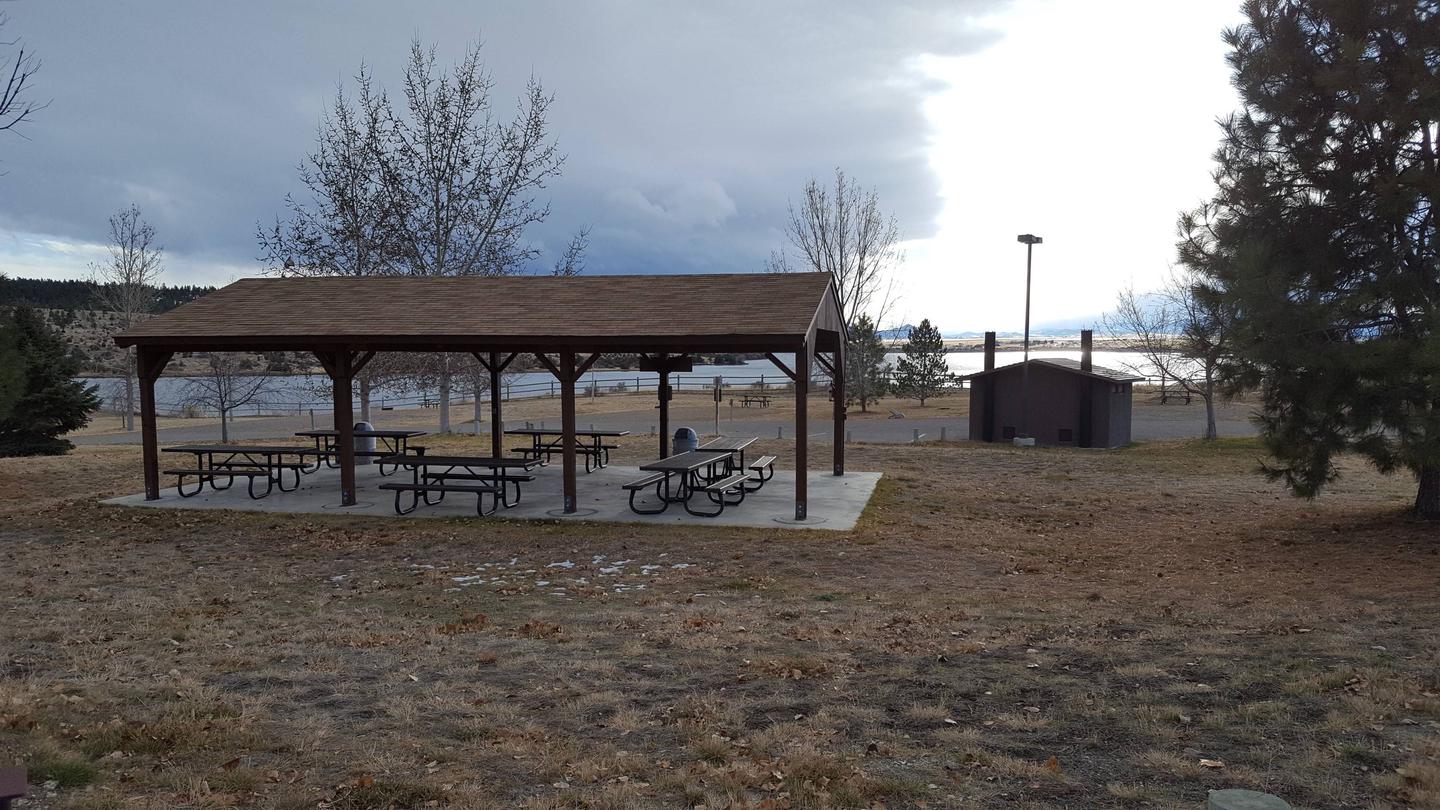 Loop C Ramada; picnic tables, garbage cans, vault toilets, paved parking, charcoal grill, fire ring, Group Camping AreaView of ramada/pavilion in group camping area